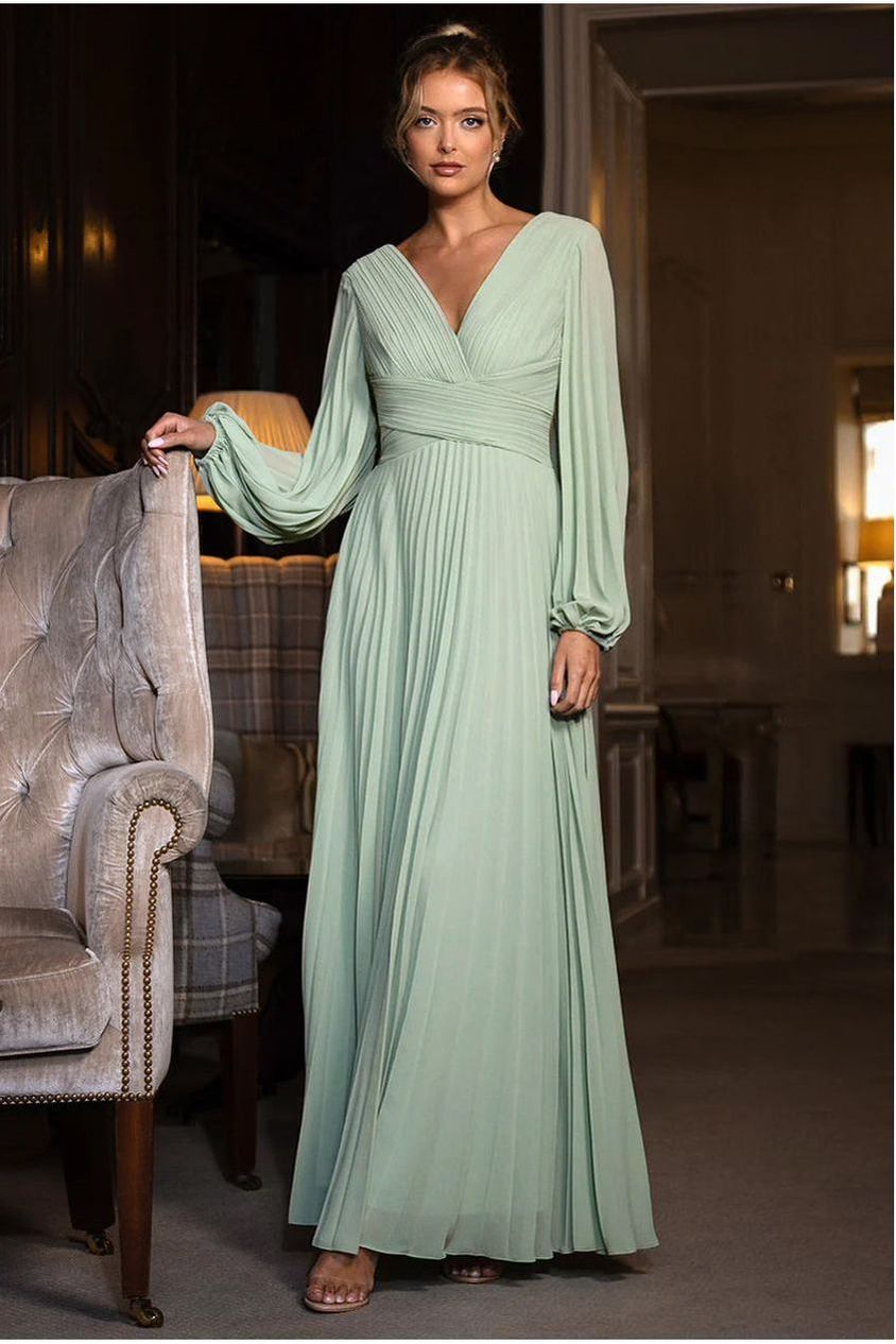 Balloon Sleeve Chiffon Maxi Dress  - Sage Green by Goddiva