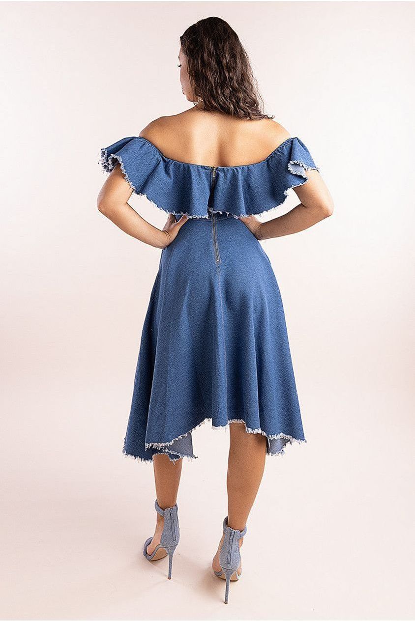Denim Frilled Bardot High Low Dress - Blue Denim by Goddiva