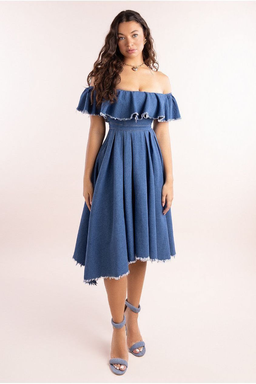 Denim Frilled Bardot High Low Dress - Blue Denim by Goddiva