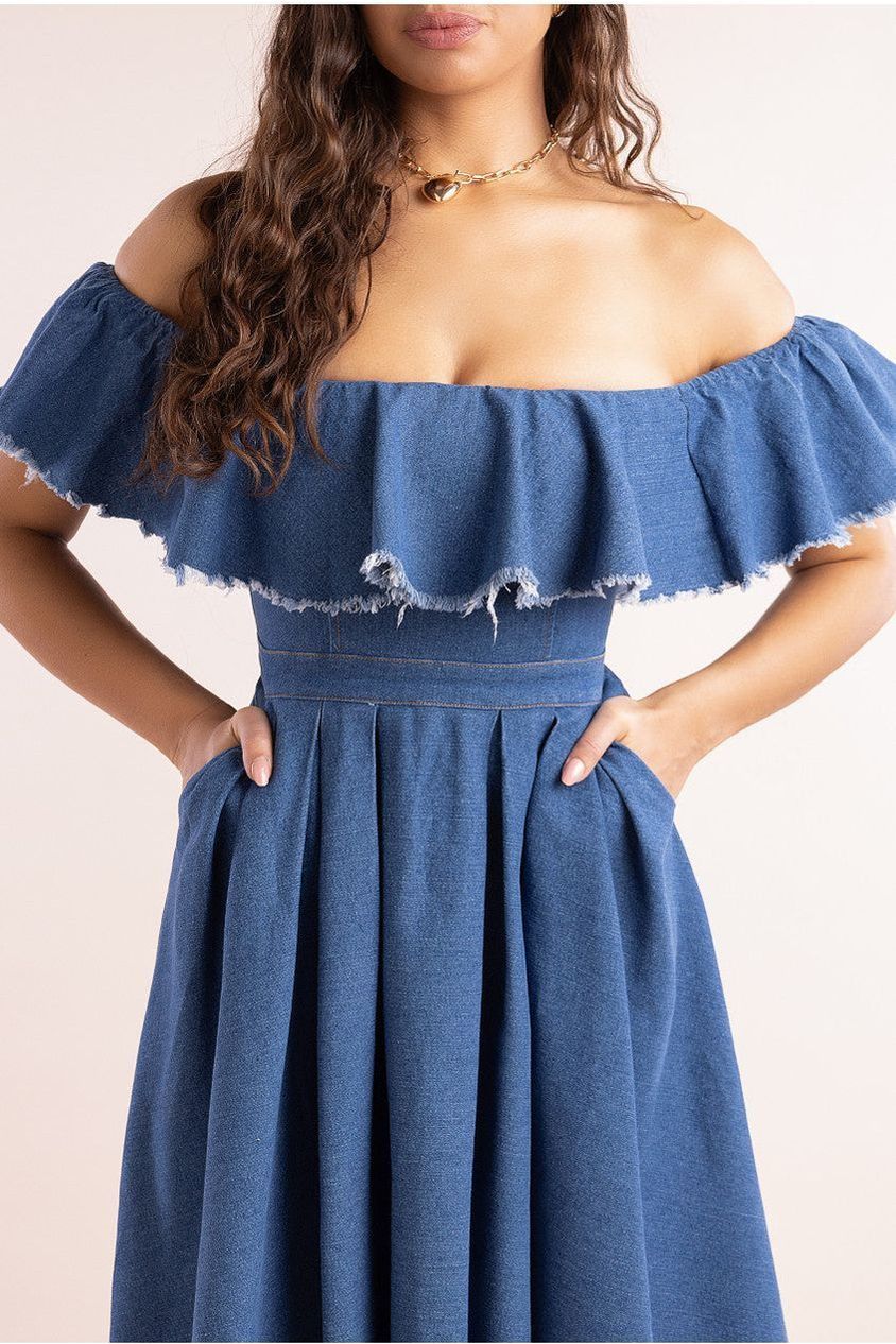 Denim Frilled Bardot High Low Dress - Blue Denim by Goddiva