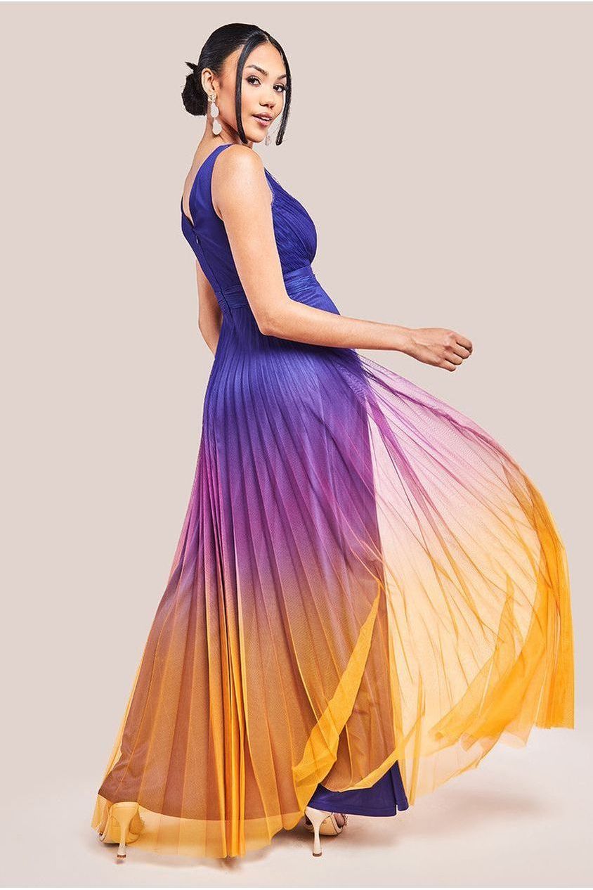 Sleeveless Ombre Pleated Maxi Dress - Navy Ombre by Goddiva