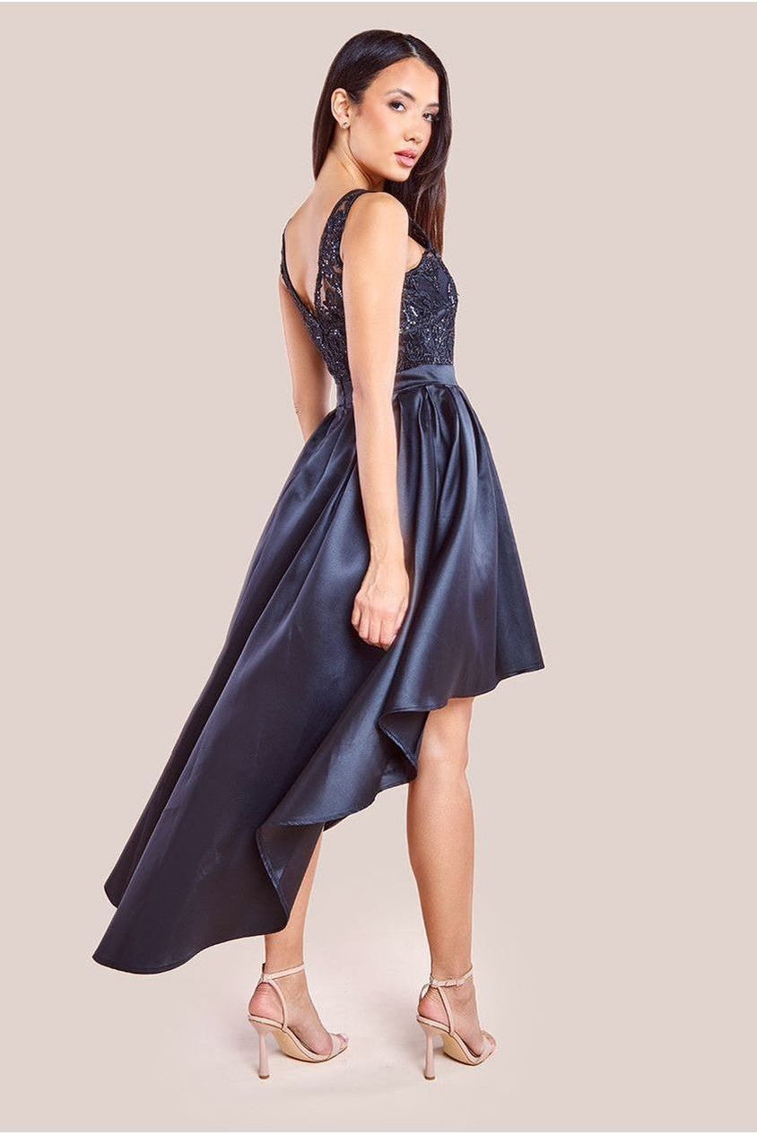 Sequin & Satin Dipped Hem Midi Dress - Black by Goddiva