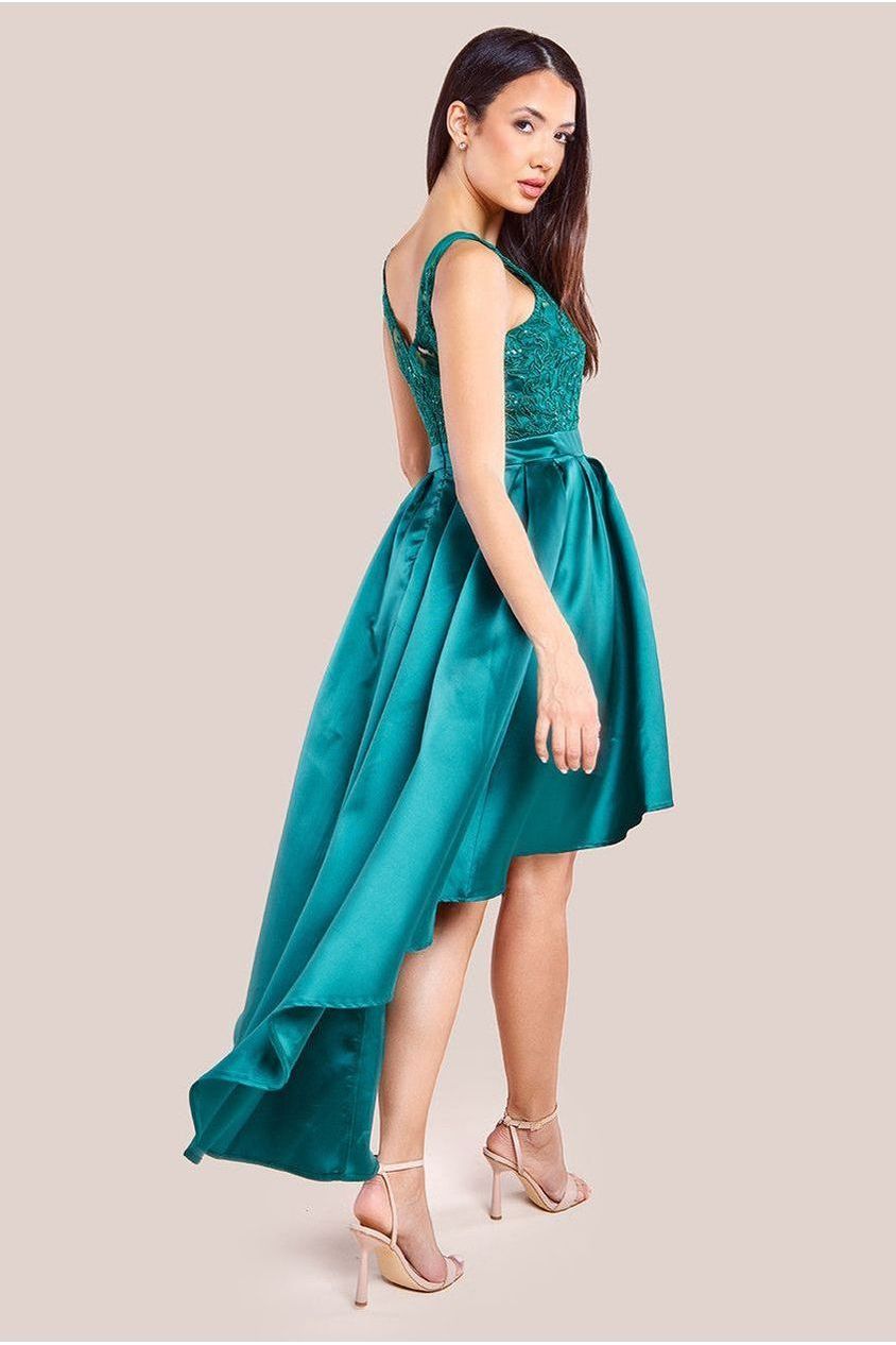 Sequin & Satin Dipped Hem Midi Dress - Emerald by Goddiva
