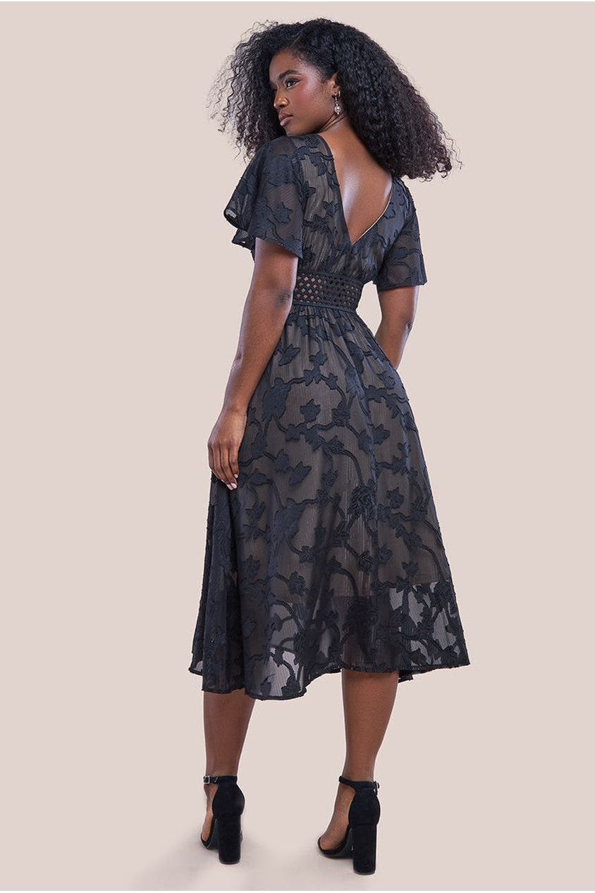 Jacquard Lurex Burnout A Line Midi Dress - Black by Goddiva