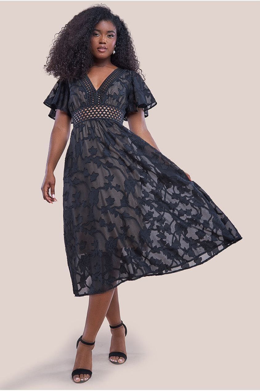 Jacquard Lurex Burnout A Line Midi Dress - Black by Goddiva