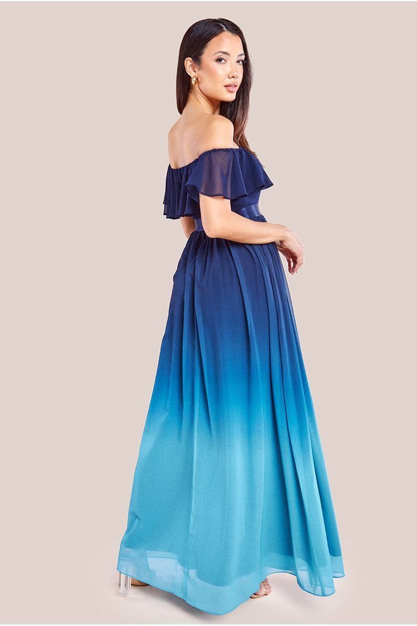 Ombre Chiffon Bardot Frill A-line Maxi Dress - Navy Ombre by Goddiva