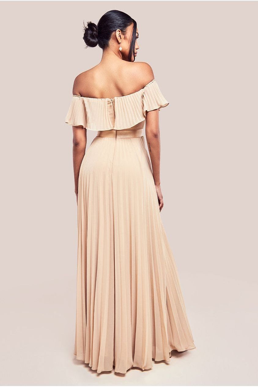 Pleated Chiffon Off Shoulder Maxi Dress - Beige by Goddiva