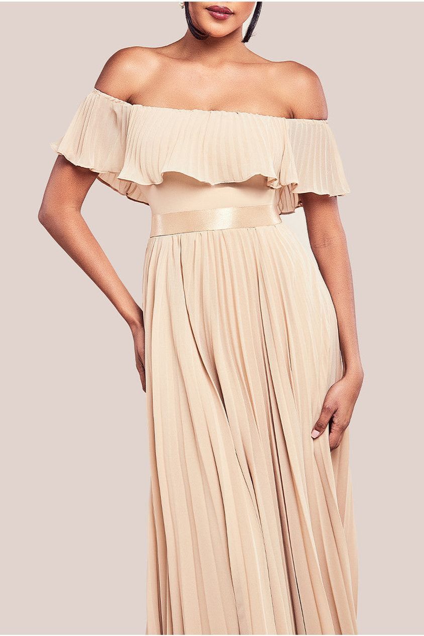 Pleated Chiffon Off Shoulder Maxi Dress - Beige by Goddiva