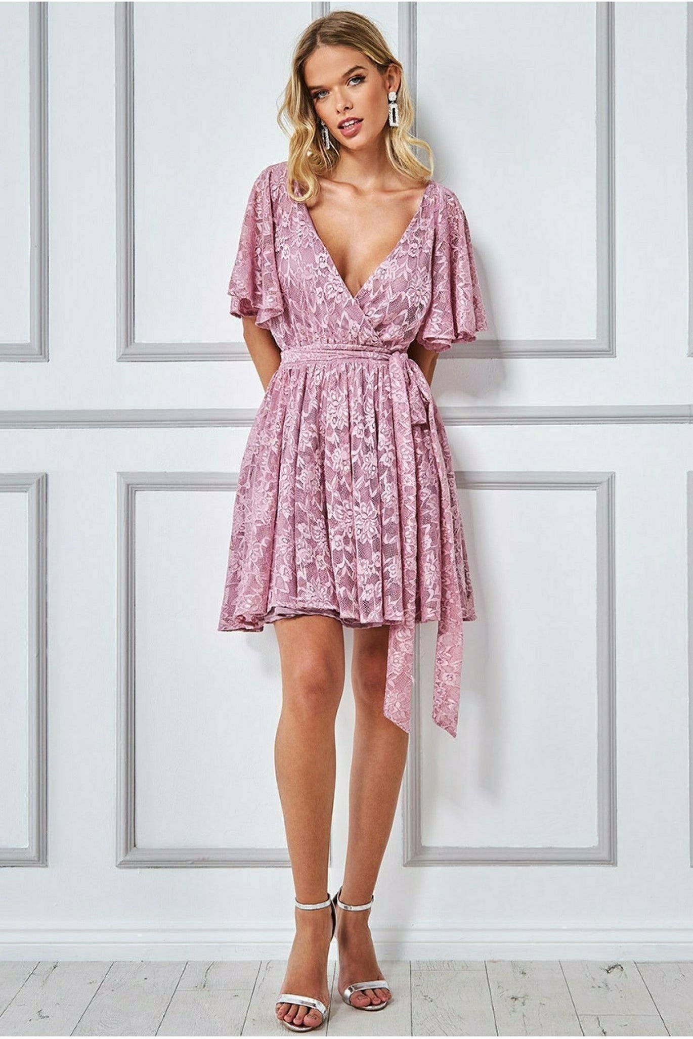 Lace Kimono Wrap Skater Mini Dress - Mauve by Goddiva