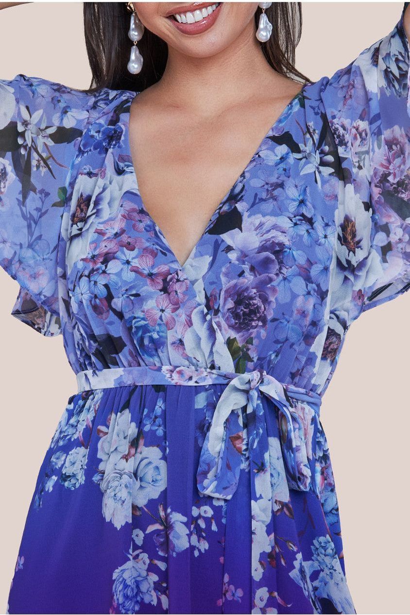 Flutter Sleeve A-Line Chiffon Floral Printed Midi Dress - Royal Blue by Goddiva