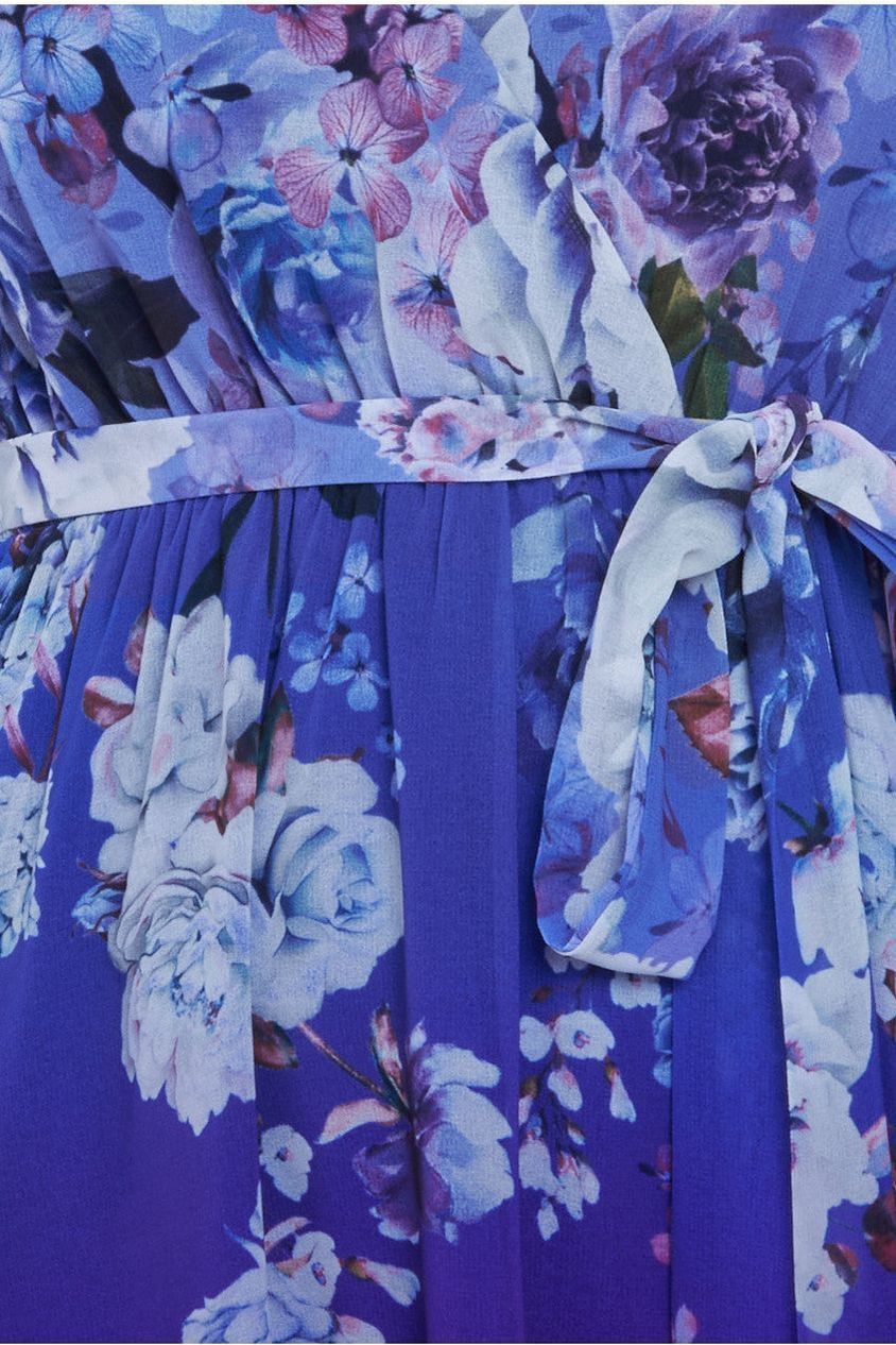 Flutter Sleeve A-Line Chiffon Floral Printed Midi Dress - Royal Blue by Goddiva