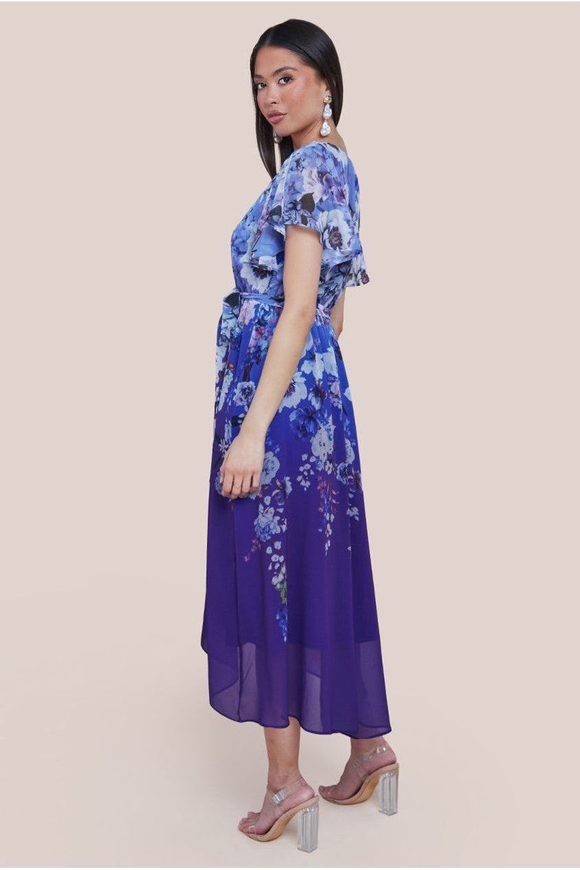 Flutter Sleeve A-Line Chiffon Floral Printed Midi Dress - Royal Blue by Goddiva