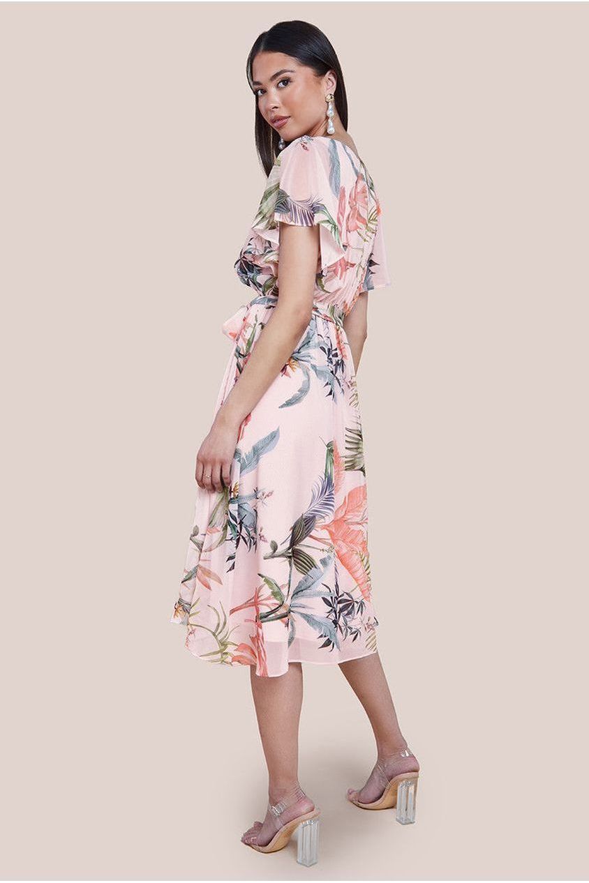 Floral Printed Flutter Sleeve Chiffon Midi Dress - Off White by Goddiva