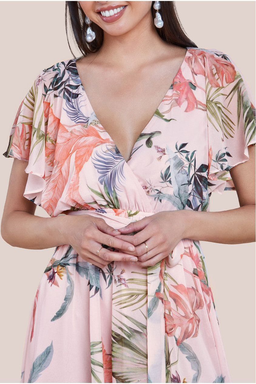 Floral Printed Flutter Sleeve Chiffon Midi Dress - Off White by Goddiva
