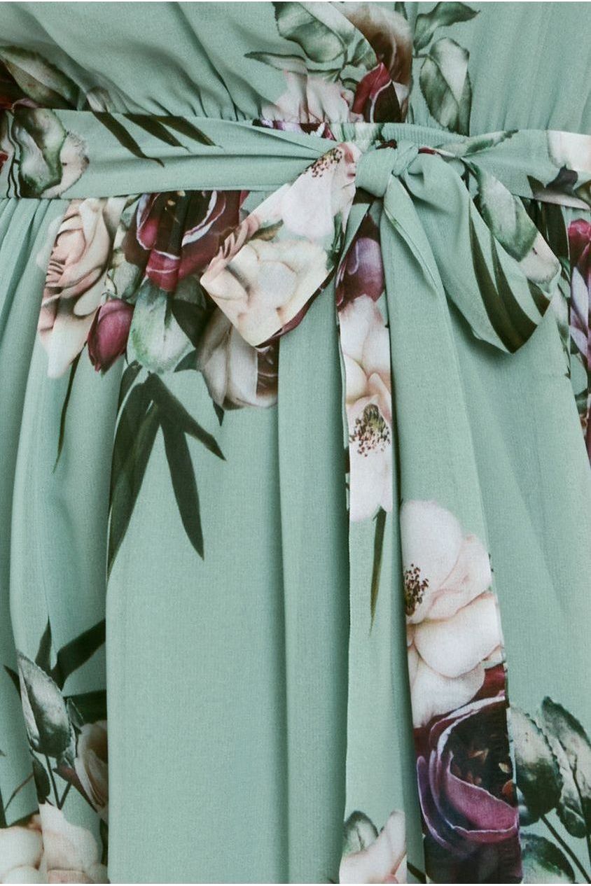 Floral Printed Flutter Sleeve Chiffon Midi Dress - Sage Green by Goddiva