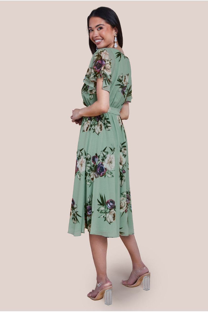 Floral Printed Flutter Sleeve Chiffon Midi Dress - Sage Green by Goddiva