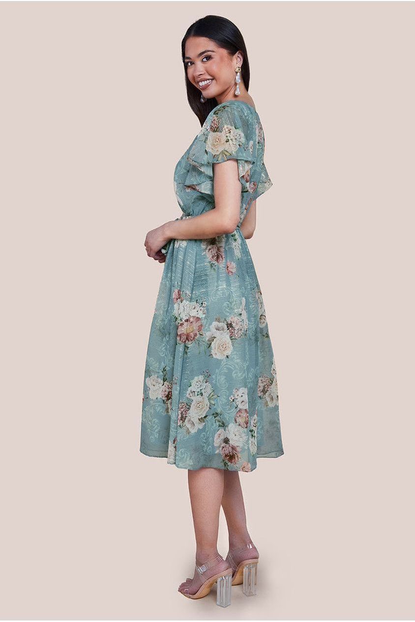 Printed Lurex A-Line Flutter Sleeve Midi Dress - Airforce Blue by Goddiva