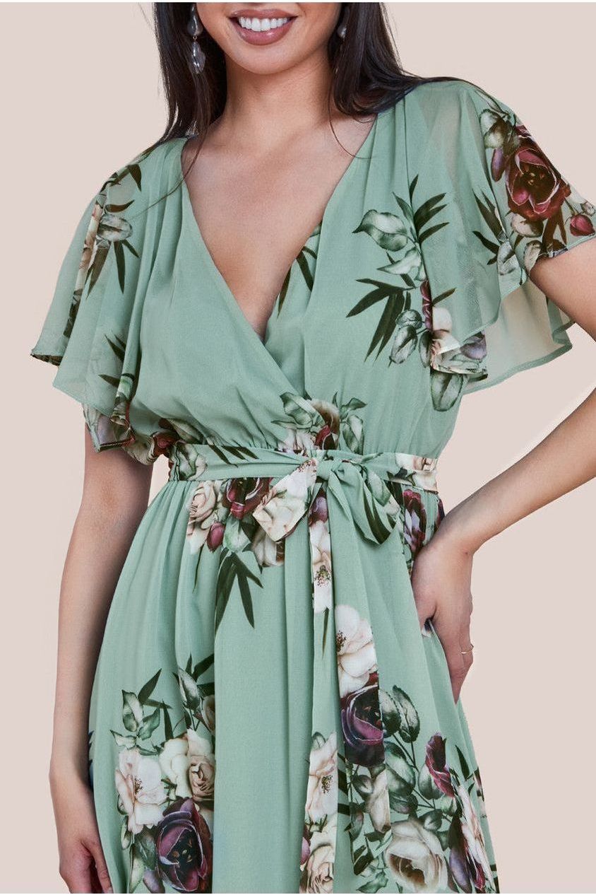 Floral Printed Flutter Sleeve Chiffon Midi Dress - Sage Green by Goddiva