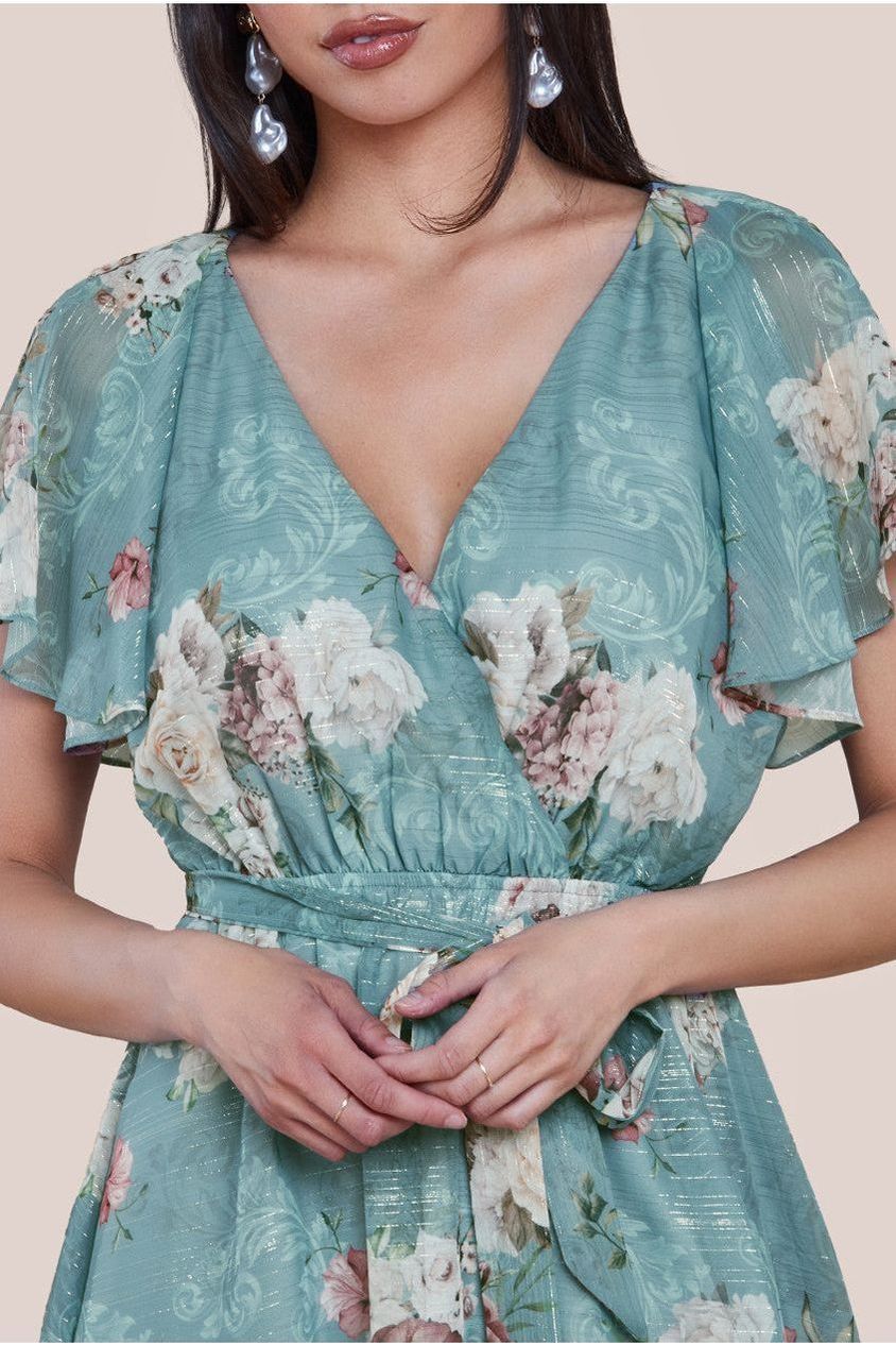 Printed Lurex A-Line Flutter Sleeve Midi Dress - Airforce Blue by Goddiva