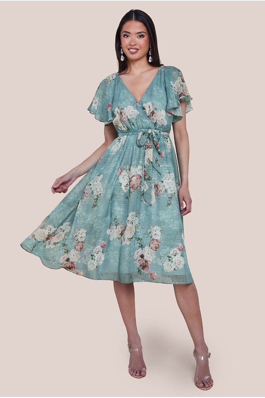 Printed Lurex A-Line Flutter Sleeve Midi Dress - Airforce Blue by Goddiva