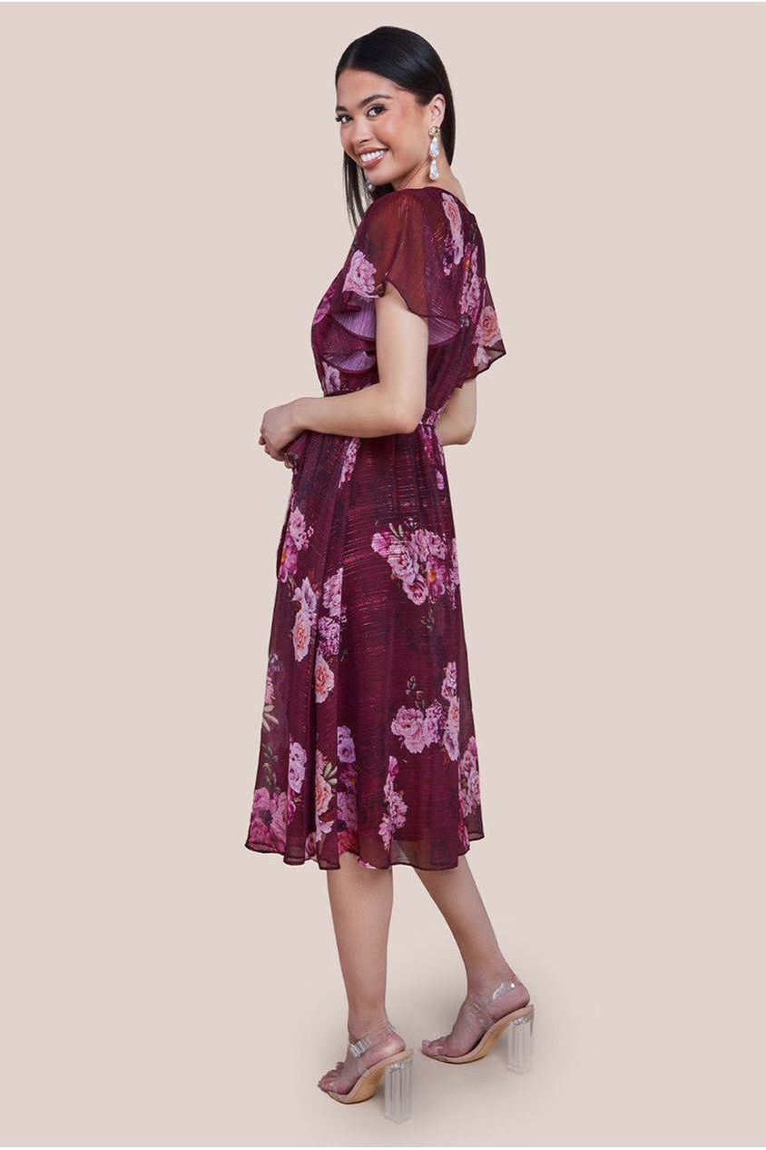 Printed Lurex A-Line Flutter Sleeve Midi Dress - Berry by Goddiva