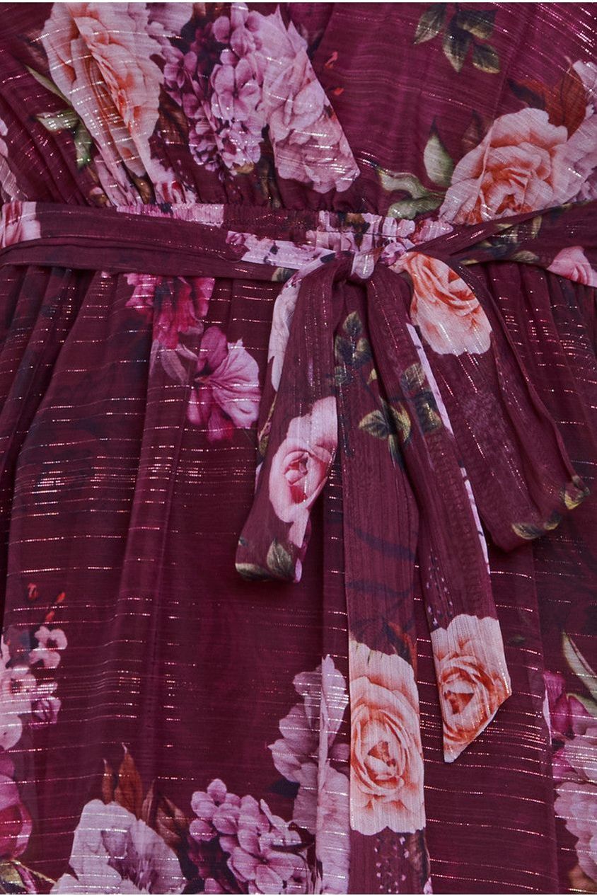Printed Lurex A-Line Flutter Sleeve Midi Dress - Berry by Goddiva