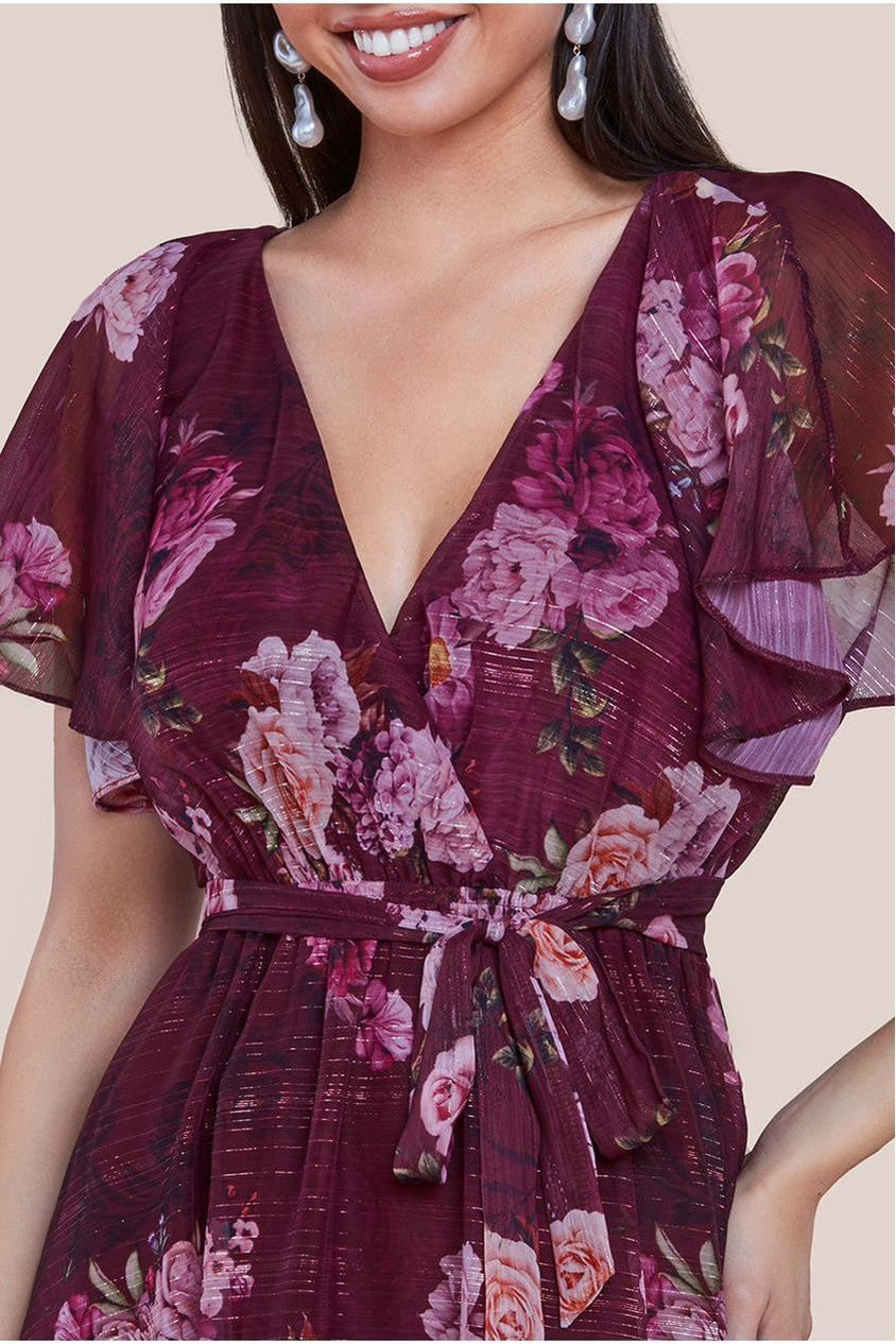 Printed Lurex A-Line Flutter Sleeve Midi Dress - Berry by Goddiva