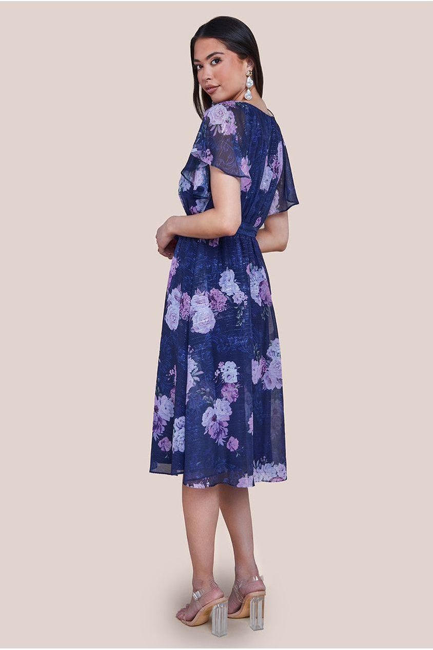 Printed Lurex A-Line Flutter Sleeve Midi Dress - Navy by Goddiva