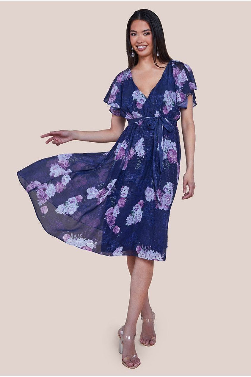 Printed Lurex A-Line Flutter Sleeve Midi Dress - Navy by Goddiva