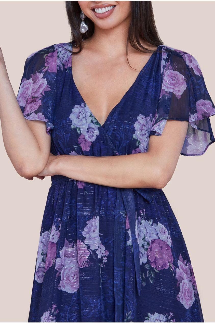 Printed Lurex A-Line Flutter Sleeve Midi Dress - Navy by Goddiva