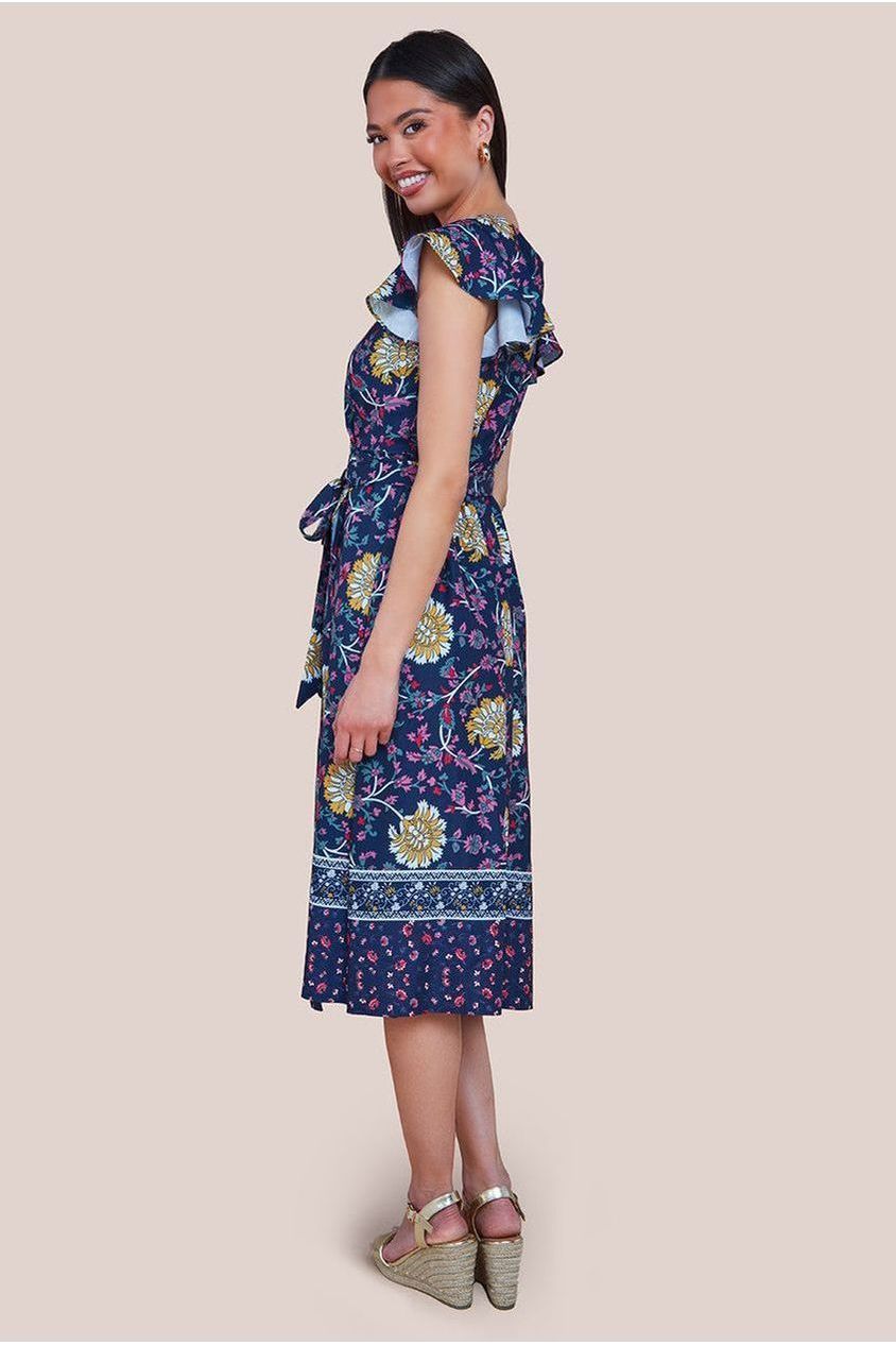 Floral Print Wrap Midi With Flutter Sleeves - Navy Print by Goddiva