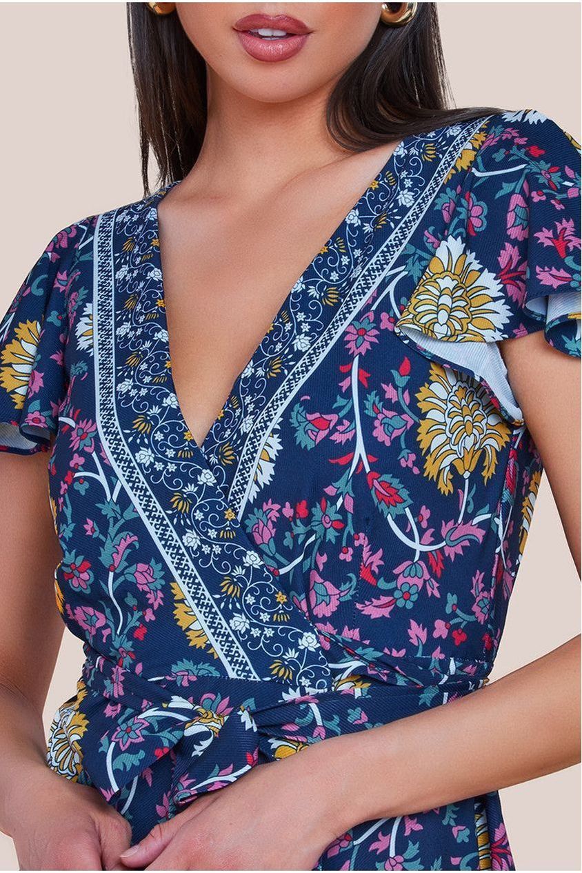 Floral Print Wrap Midi With Flutter Sleeves - Navy Print by Goddiva