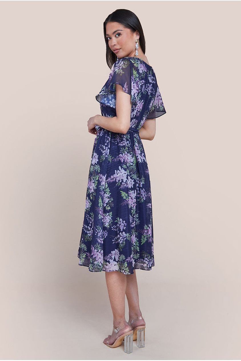 Printed Lurex A-Line Flutter Sleeve Midi Dress - Navy Blue by Goddiva