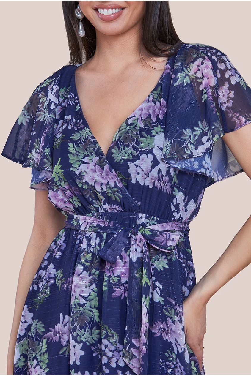 Printed Lurex A-Line Flutter Sleeve Midi Dress - Navy Blue by Goddiva