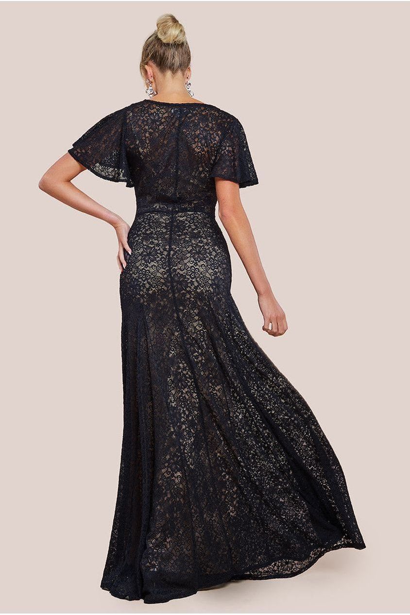 Flutter Sleeve Lace A-Line Maxi Dress - Black by Goddiva