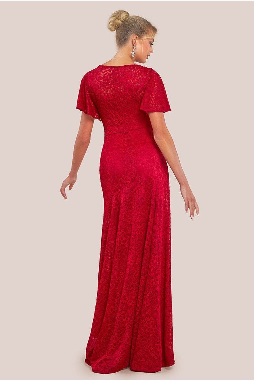 Flutter Sleeve Lace A-Line Maxi Dress - Red by Goddiva