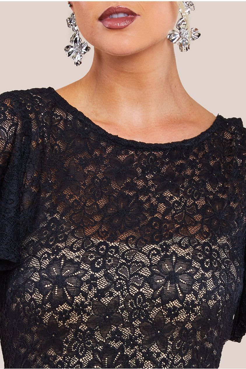Flutter Sleeve Lace A-Line Midi Dress - Black by Goddiva