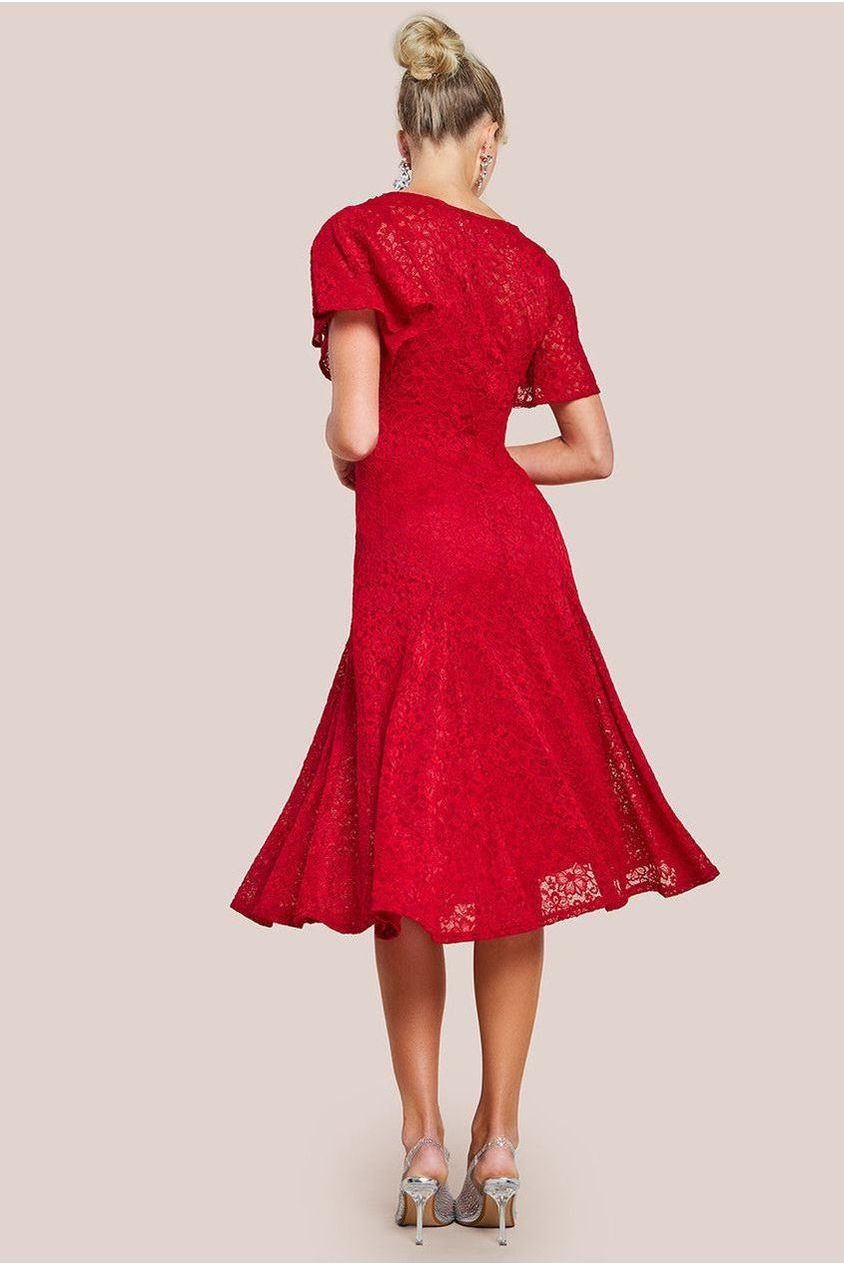 Flutter Sleeve Lace A-Line Midi Dress - Red by Goddiva