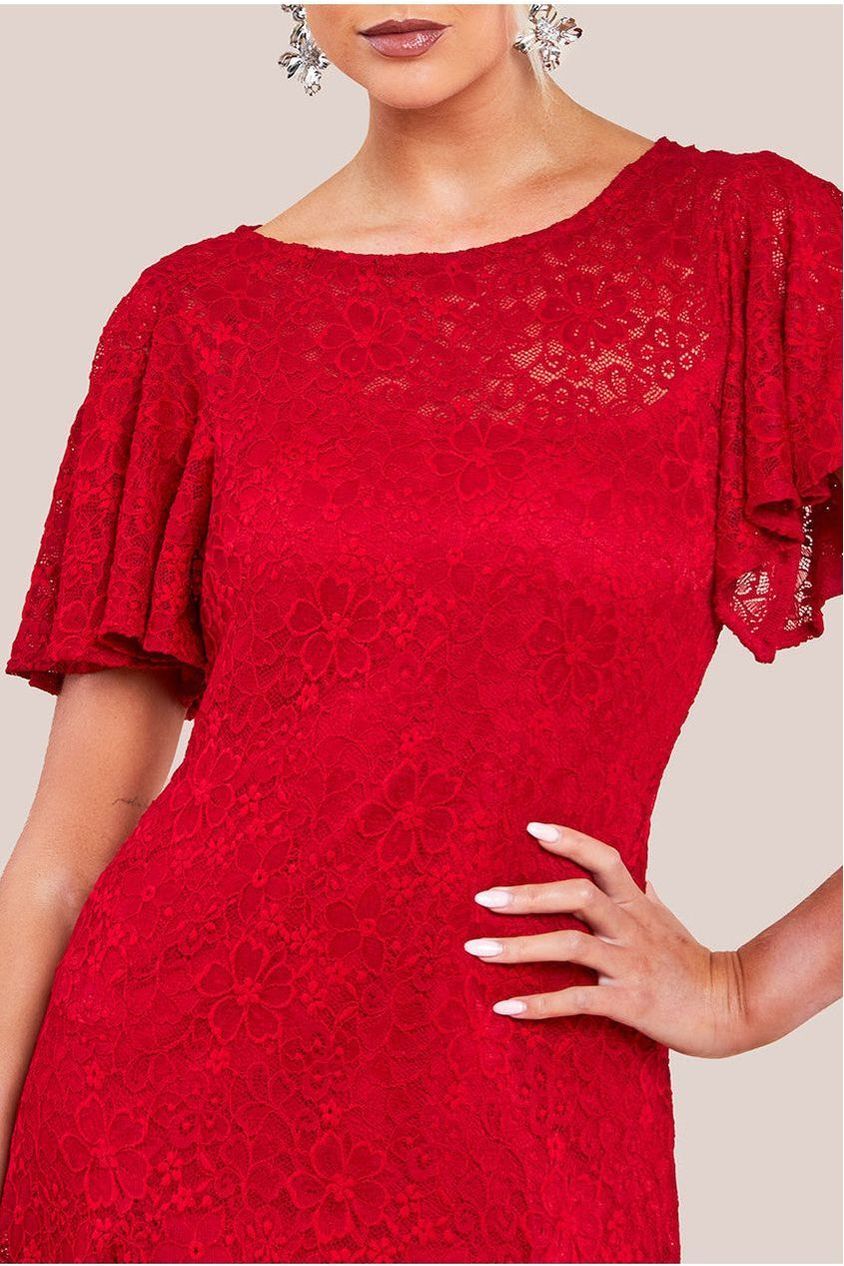 Flutter Sleeve Lace A-Line Midi Dress - Red by Goddiva