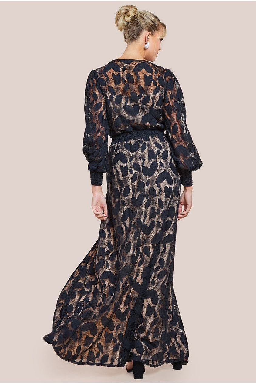Lace Front Split Long Sleeve Maxi Dress - Black by Goddiva