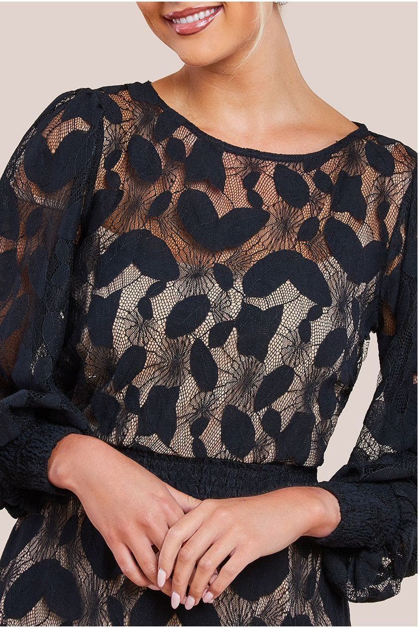 Lace Front Split Long Sleeve Maxi Dress - Black by Goddiva