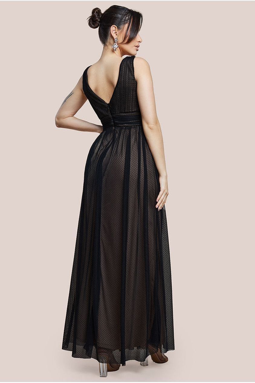 Sleeveless Pleated Dobby Mesh Corsage Maxi Dress - Black by Goddiva