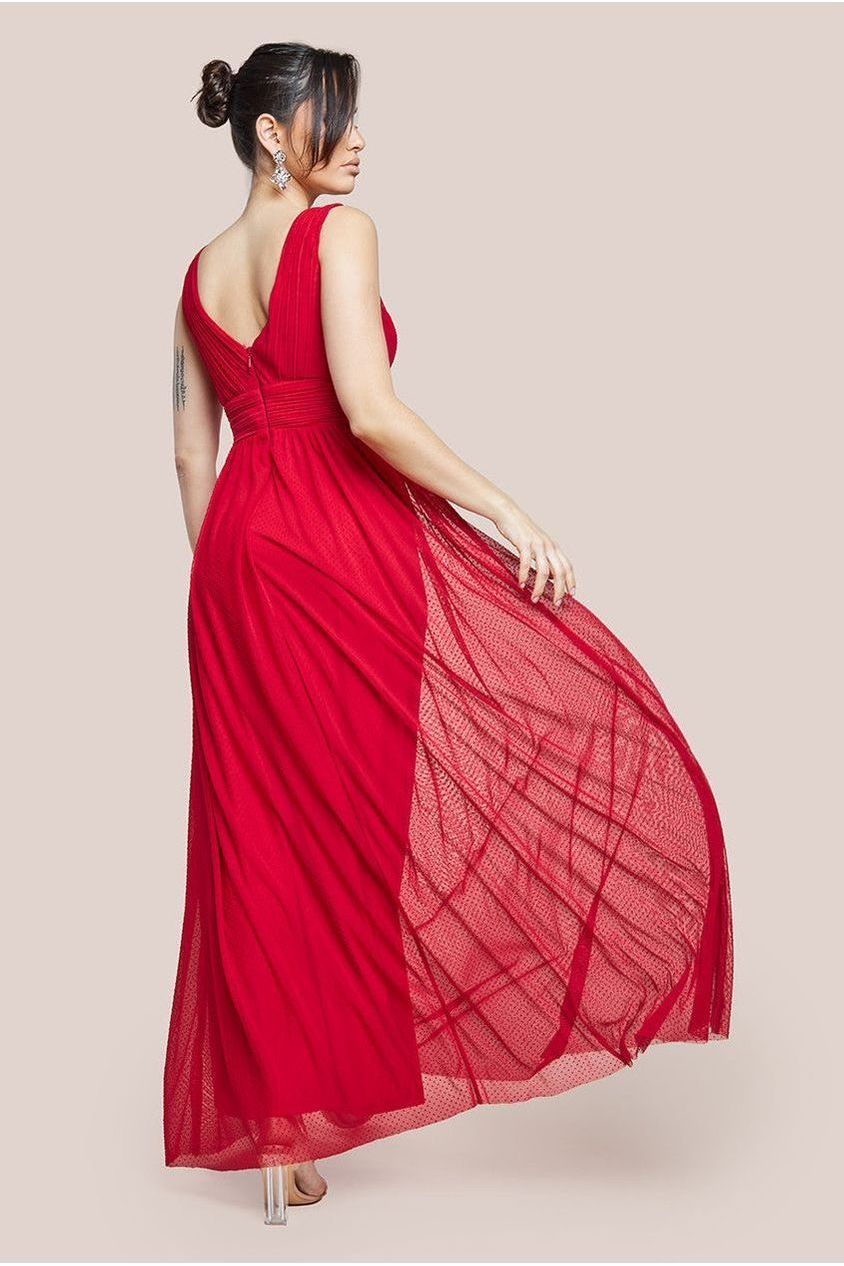 Sleeveless Pleated Dobby Mesh Corsage Maxi Dress - Red by Goddiva
