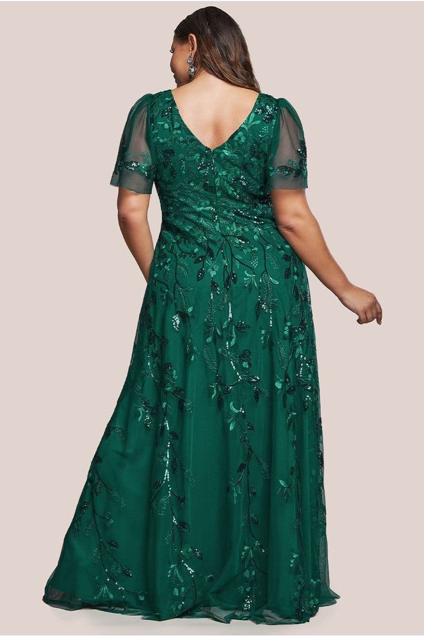 Flared Sleeve Embroidered Maxi Dress - Emerald by Goddiva Plus