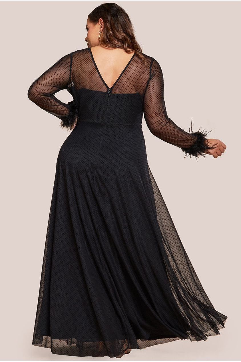Dobby Mesh Feather Sleeve Hem Maxi Dress - Black by Goddiva Plus
