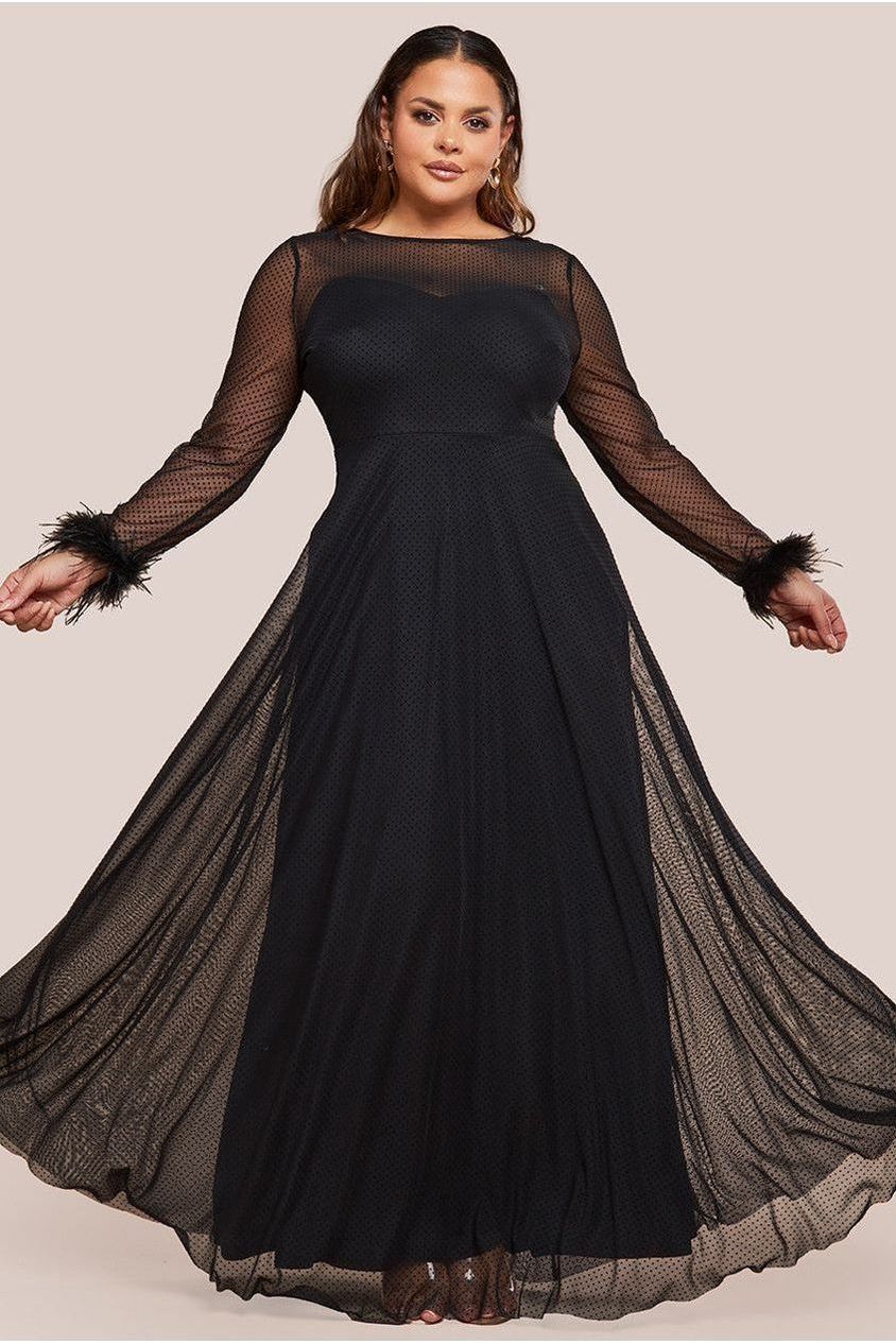 Dobby Mesh Feather Sleeve Hem Maxi Dress - Black by Goddiva Plus