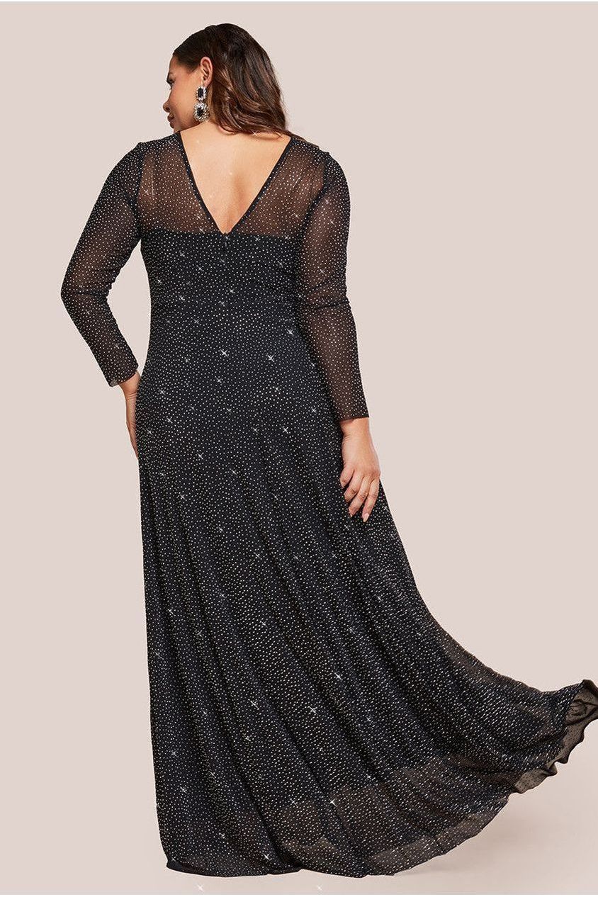 Hotfix Diamante Mesh A-Line Long Sleeve Maxi Dress - Black by Goddiva Plus