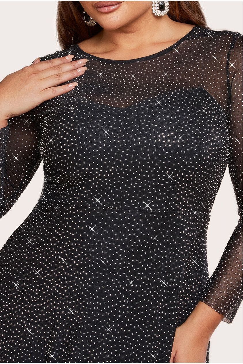 Hotfix Diamante Mesh A-Line Long Sleeve Maxi Dress - Black by Goddiva Plus