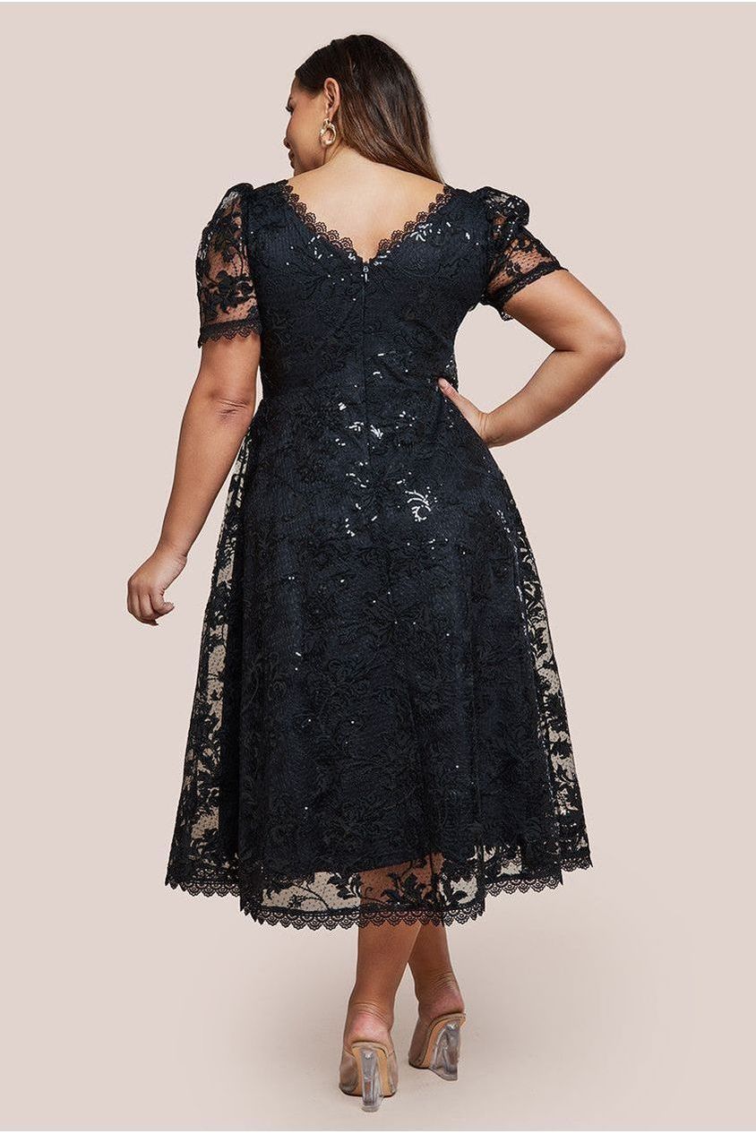 Sequin Lace Short Sleeve A-Line Midi Dress - Black by Goddiva Plus
