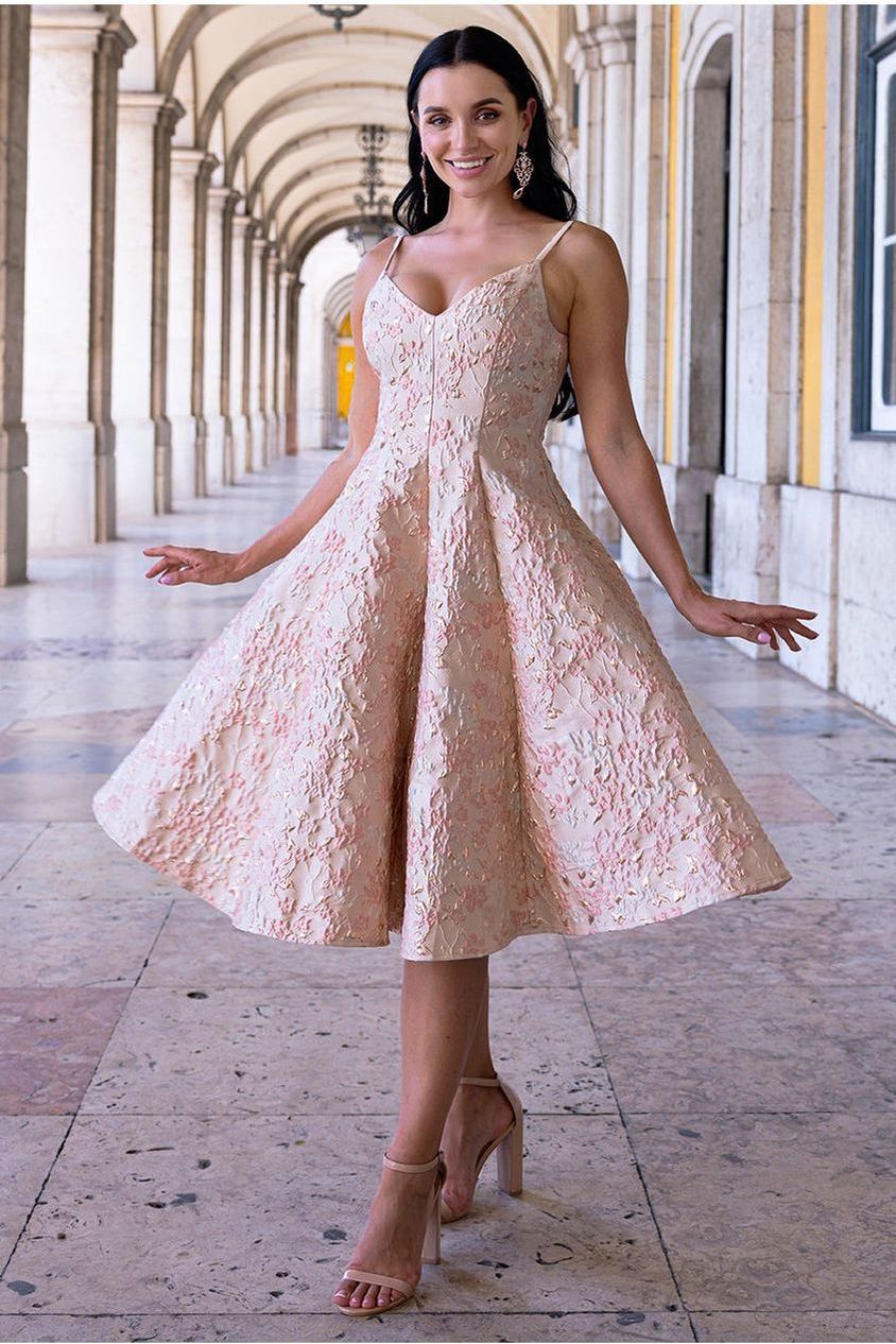Jacquard Sleeveless A-line Midi Dress - Blush Pink by Goddiva